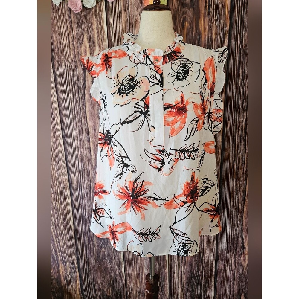 DKNY Ruffle Floral Print Popover Blouse Plus Size 3X
